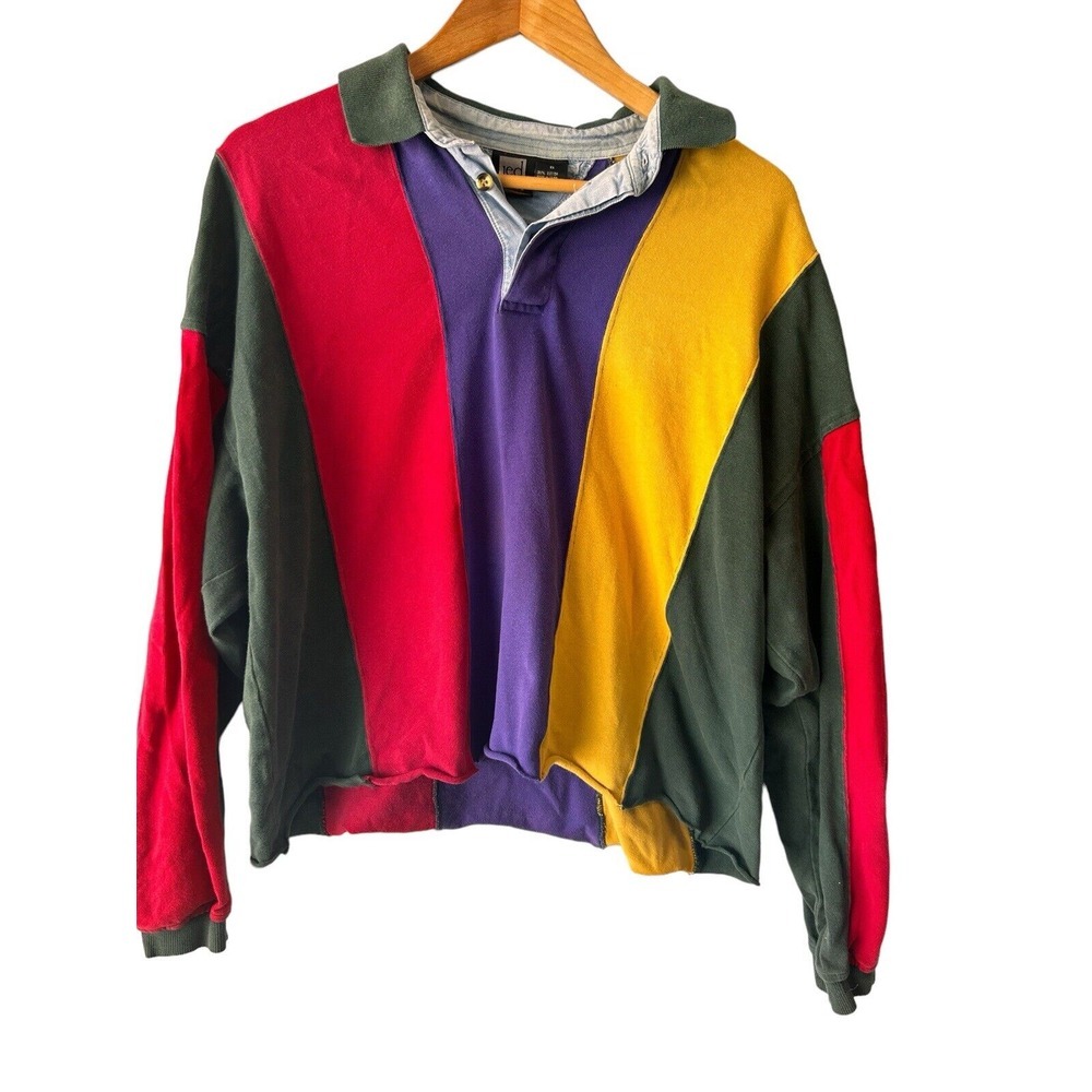 VTG 90s Jed Wear Vertical Striped Colorblock Polo Shirt Sz XL Cropped